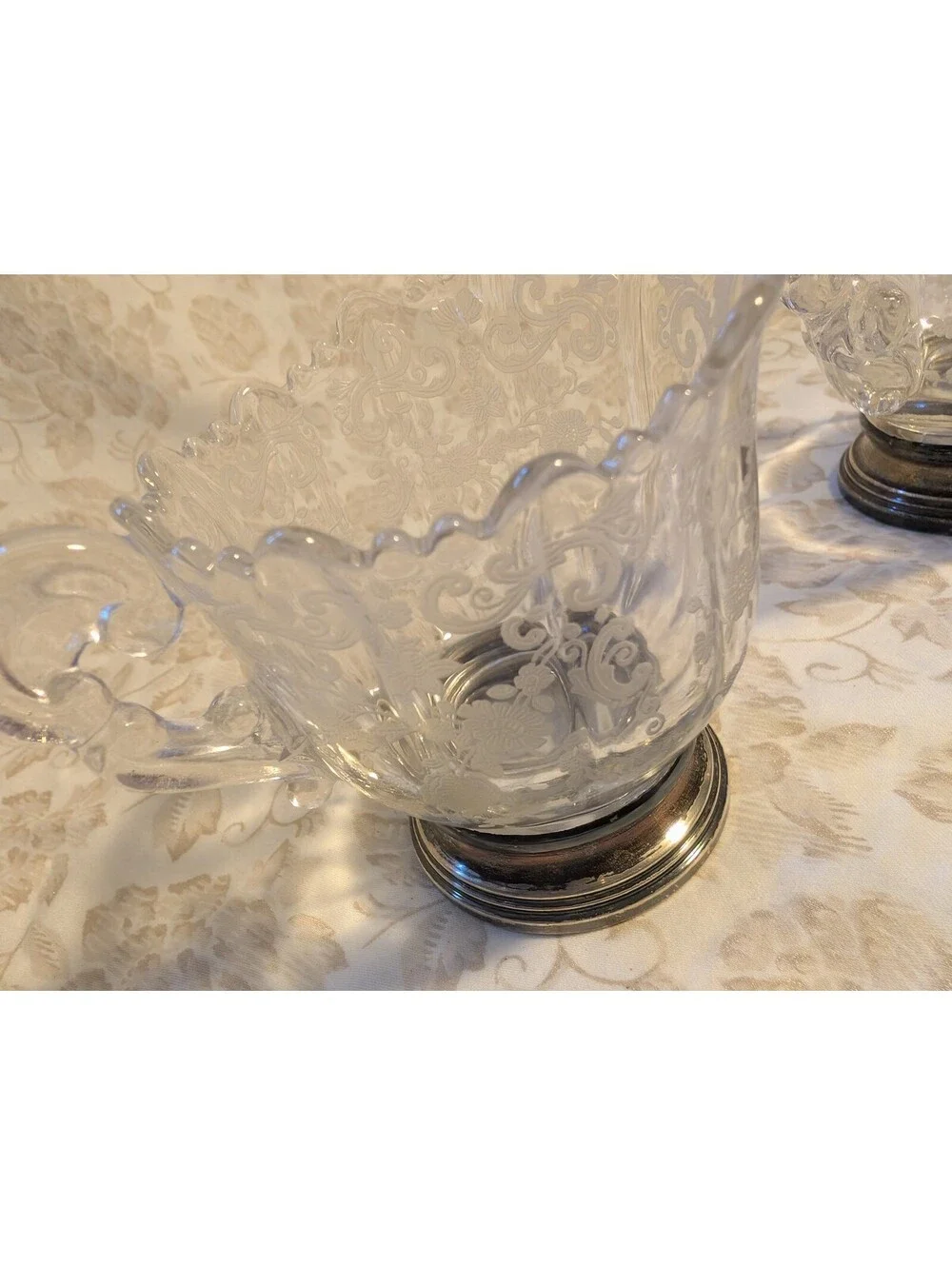Vintage Etched Glass Creamer and Sugar Bowl Set with Sterling Silver Bases